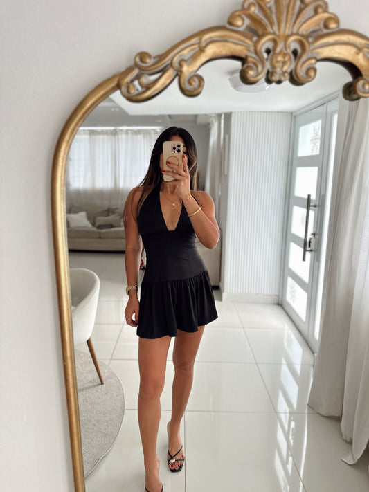 Black halter mini dress