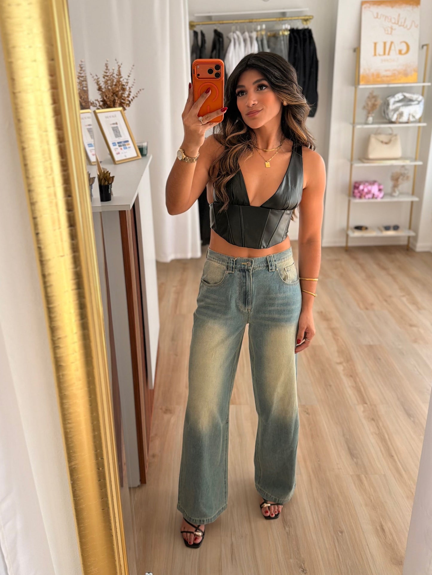 Black leather bustier top