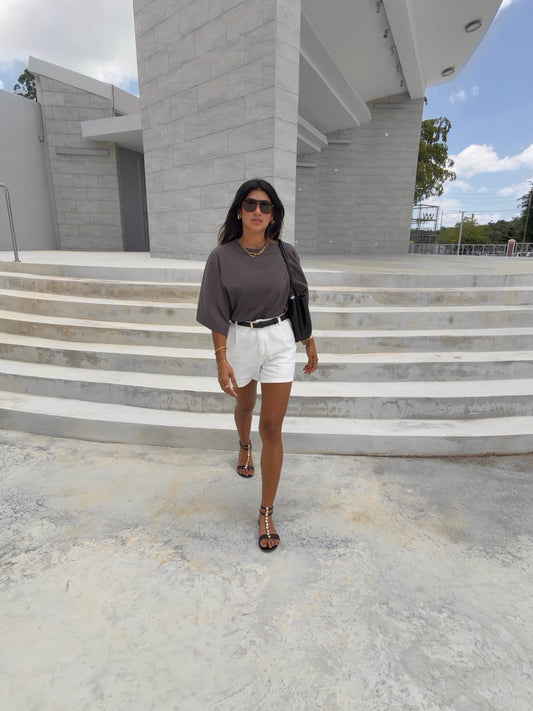 Bone white denim short