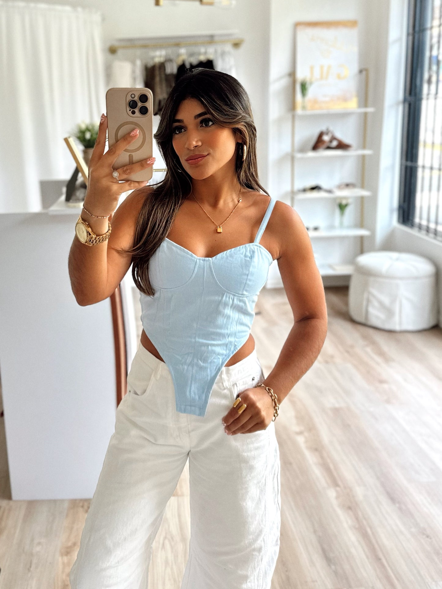 Sky blue denim corset