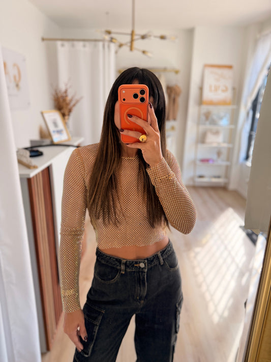 Glitter nude mesh top