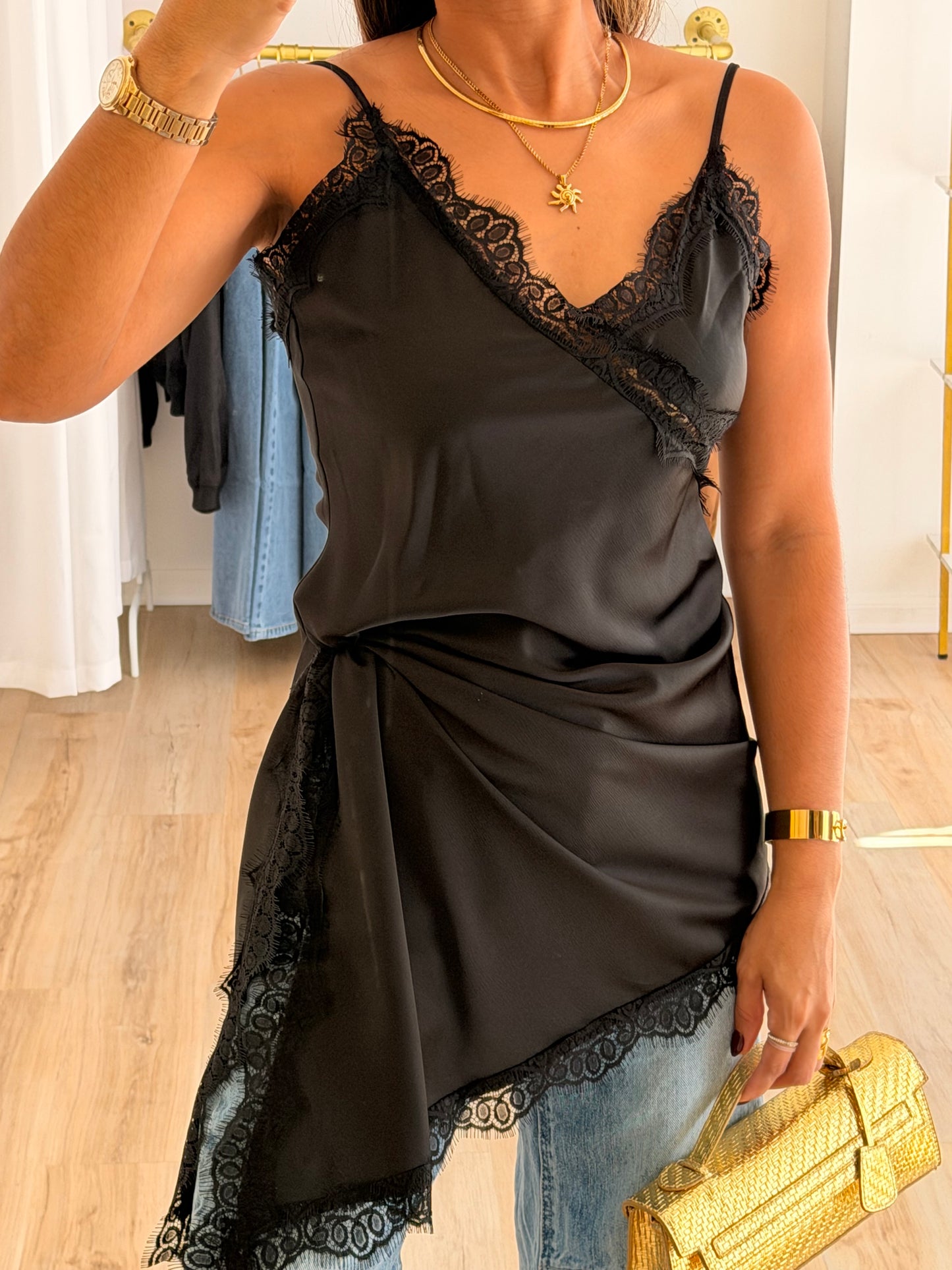 Lace x satin black dress/top