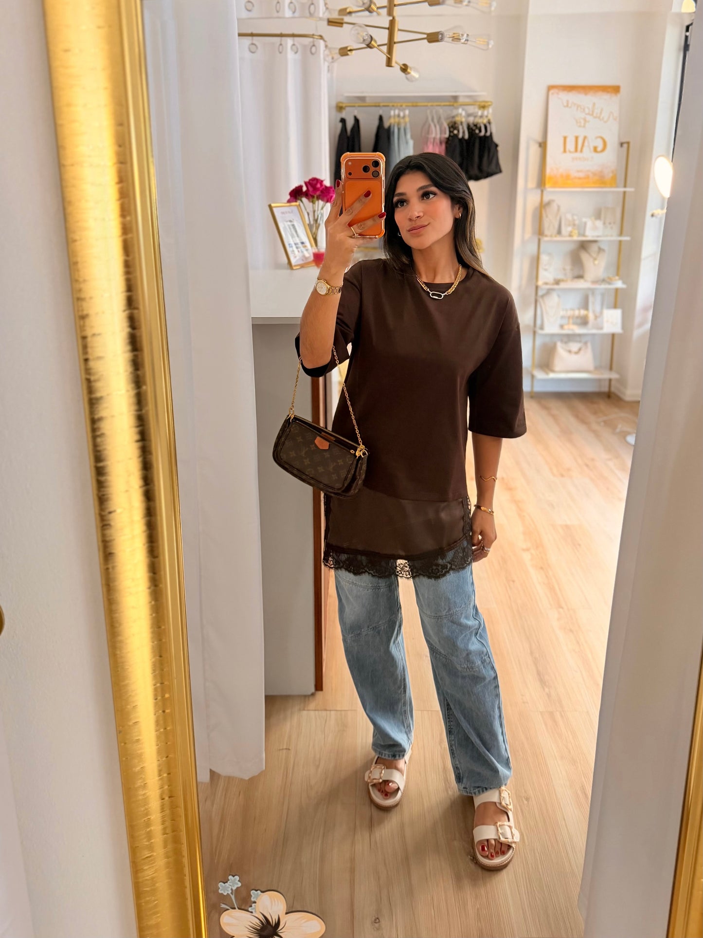 Lace detail contrast coffee top