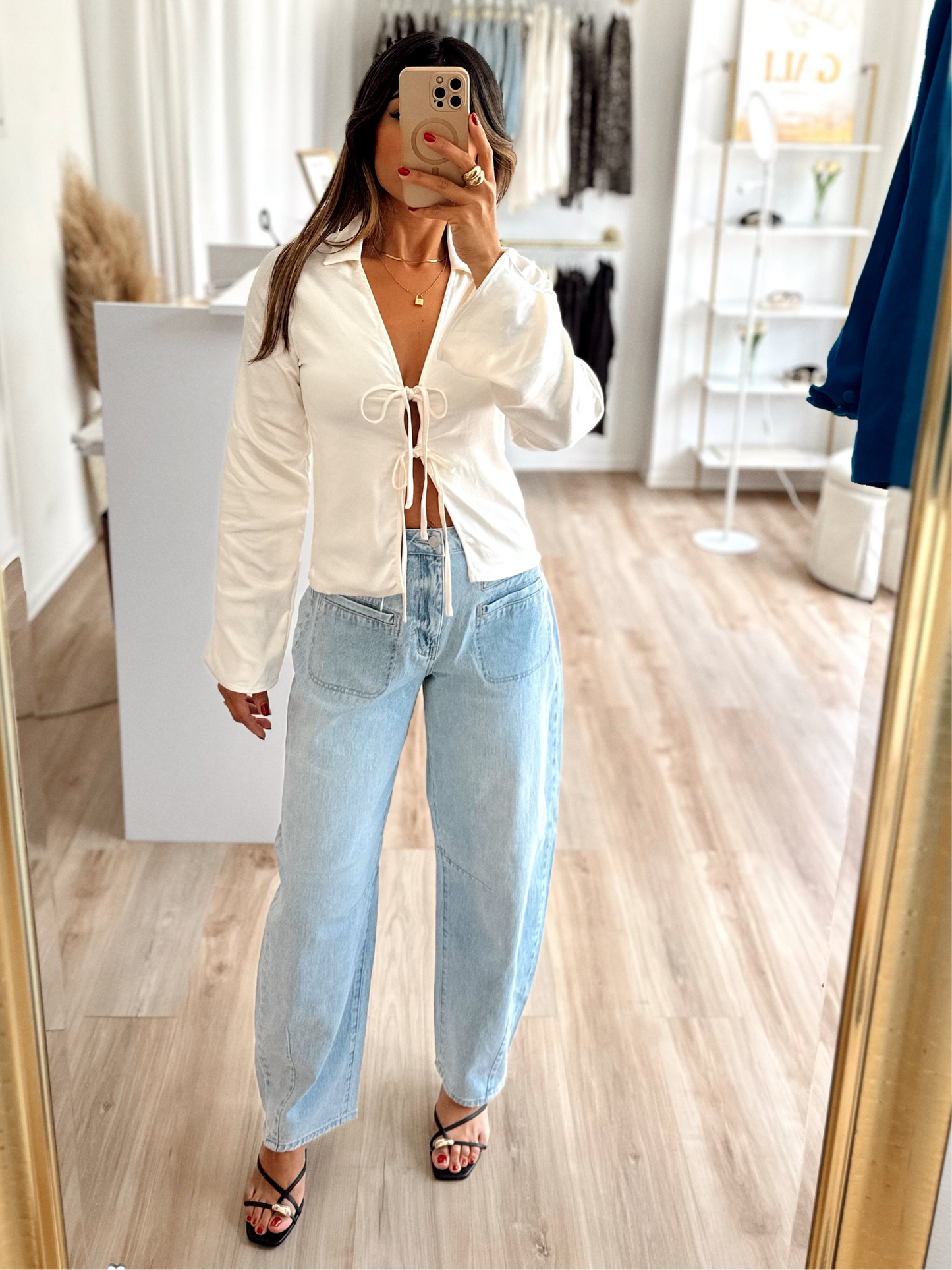 Ivory bell sleeve satin top