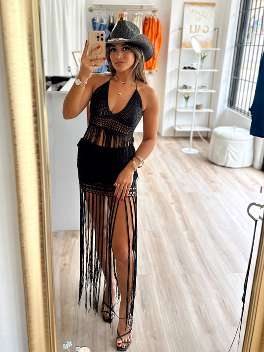 Black crochet and fringes cover up top