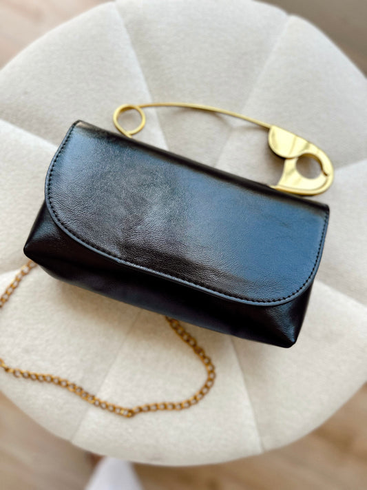 Black statement pin crossbody or clutch bag