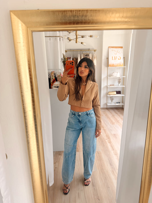 Taupe striped cropped blazer